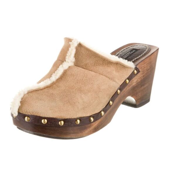 Dolce & Gabbana Tan Shearling Suede Wooden Heel Platform Clogs Women’s Size 37.5 - Picture 1 of 11